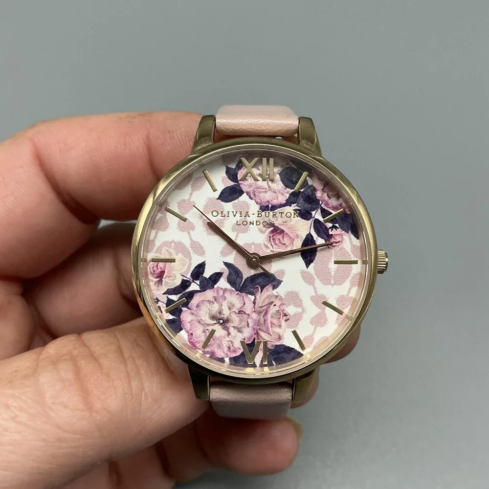 Olivia Burton Wild Flower Womens Watch 34mm Pink Strap Gold Tone New Battery